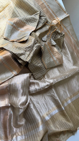 Pure Tissue Beneras Beige Gold checks handwoven pure silk saree stitched blouse saree readymade online USA