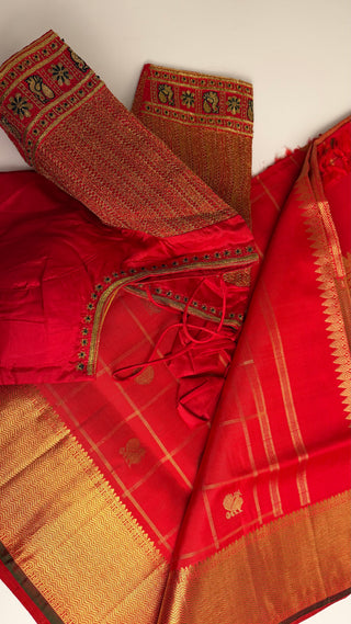 Pure Red kanjivaram pattu muhurtam kalyanam Pelli cheera saree pure zari handloom korvai kanchi red checks butta kanjivaram silk saree with embroidery  blouse