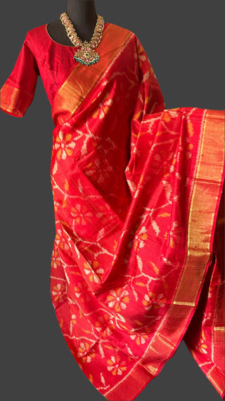 Red  patola silk saree with raw silk finish pallu with prestitched blouse