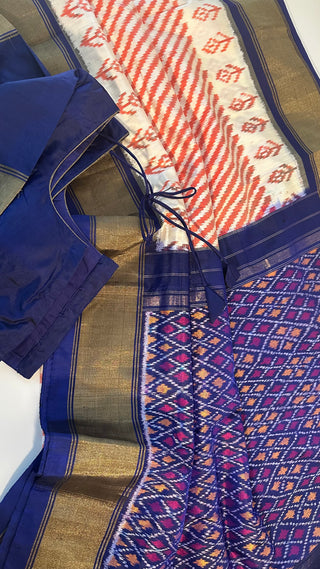 Orange pure ikat silk saree with prestitched blouse pett border