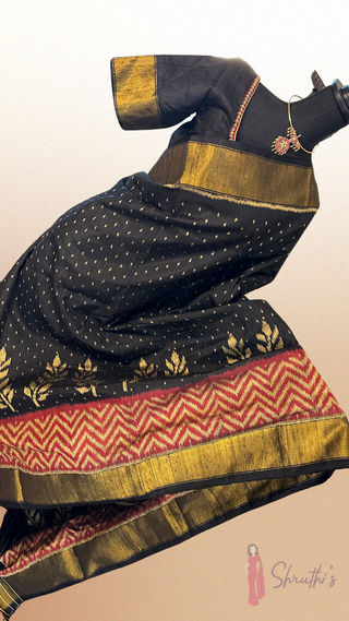 Patola Silk Saree Black pure silk saree raw silk finish with stitched blouse Partywear pooja wear ready to ship Saree USA
