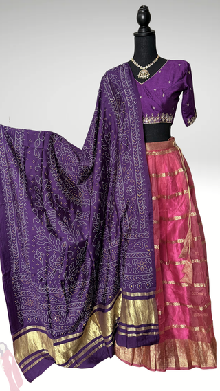 Pureorganza  silk Pavadai Langa pure Gajji silk dupatta Dhavani  pavadai lehenga with stitched maggam blouse online USA