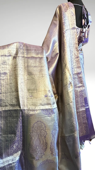 Pastel Lavender vaira oosi silver zari KANJIVARAM SAREE with Hand embroidered blouse