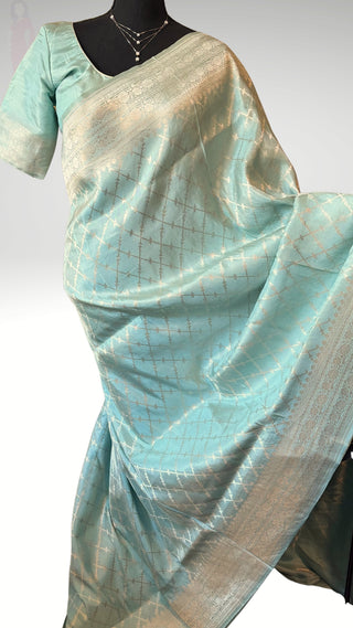 Banaras Pure pastel Tissue Silk Saree iwith silver Zari Border – Ready to Wear Online USA