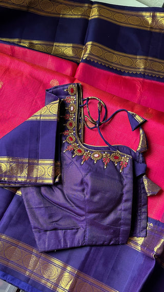 Bright Pink double color  vaira oosi kanchi pattu saree fine weave kanchi pattu bridal