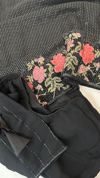 Black  Sequin georgette saree  embroidered with stitched blouses