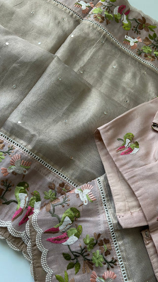 Pure Tissue zari kota gold embroidery handwoven pure silk saree stitched blouse saree readymade online USA