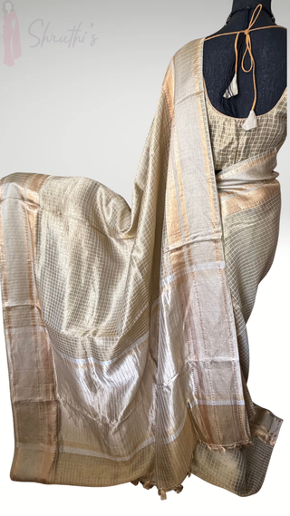 Pure Tissue Beneras Beige Gold checks handwoven pure silk saree stitched blouse saree readymade online USA