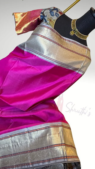 One saree two look’s Handloom Pink kanjivaram silk saree with kalamkari blouse two  stitched blouse  Indian wedding muhurtam silk bridal blouse online shopping usa Diwali