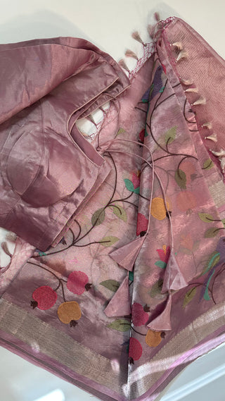Pure Tissue Pink organza saree stitched blouse saree readymade online USA