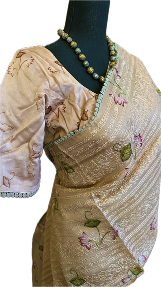Pichwai Print Organza saree mauve with prestitched blouse- party wear Organza