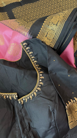 Pure Kanjivaram Handloom pure silk Pink black Handloom silk saree pure zari  Muhurtam Wedding Saree with ready to wear ship Blouse Online USA