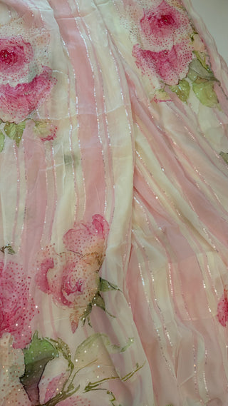 Pink  Sequin floral Partywear georgette saree digital print with prestitched blouses