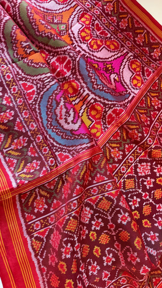 Pure red  Patan Patola Silk Saree White Red pure silk saree silk finish with stitched blouse Partywear pooja wear ready to ship Saree USA