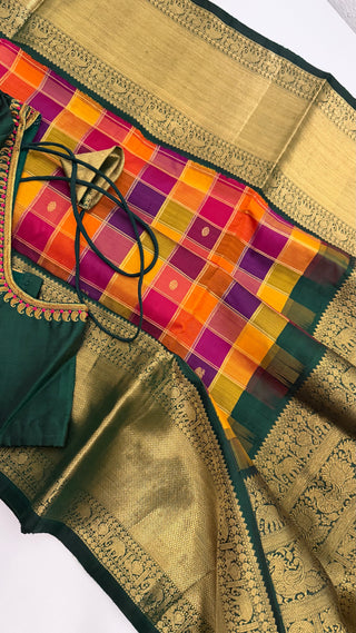 Finest check kanchi pattu saree pure Gold zari  pallum palzhamum kanchi pattu saree fine weave kanchi pattu bridal pure zari stitched blouse usa online