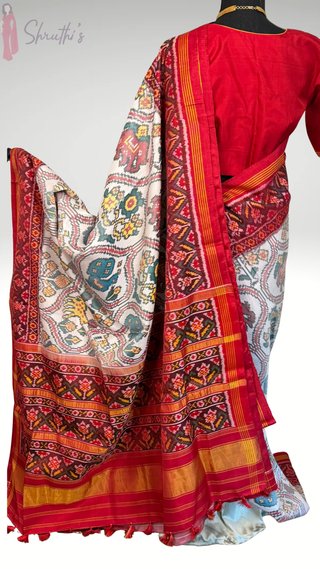 Pure Patan Patola Silk Saree White Red pure silk saree silk finish with stitched blouse Partywear pooja wear ready to ship Saree USA