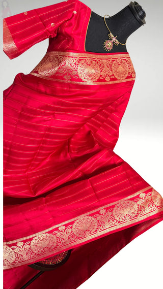 Red Chili Handloom Banaras raw mango silk Pure Silk Saree with Gold Zari Border – Ready to Wear Online USA