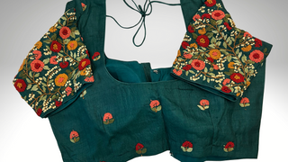 Tussar pure silk Evergreen color Embroidered Readymade Blouse with Ready to Ship Online USA
