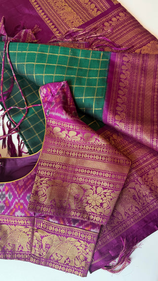 Pure Handloom Twill weave  kanjivaram silk saree pure antique zari weave  online ikat twill weave stitched blouse one of a kind elegant easy drape twill silk saree online shopping