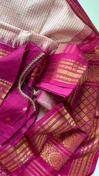 Pink checks Gadwal handwoven silk saree with stitched blouse