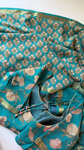 Floral sarees pastel partywear saree  teal Georgette  silk zari borders saree stitched blouse