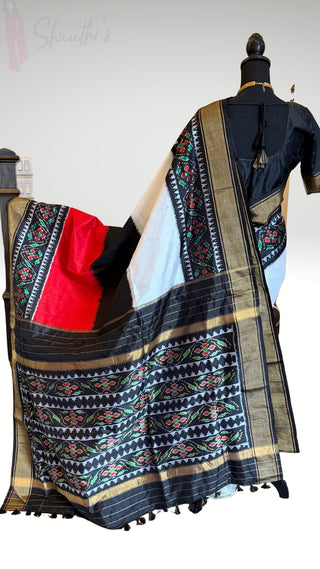 Handloom Pure  ikat silk saree with prestitched blouse border
