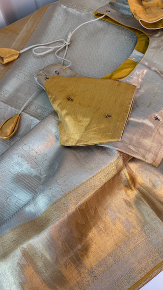 Gold Kanjivaram saree for bride tissue Kanchi Kora Pure zari silk saree with stitched  blouse online shopping usa