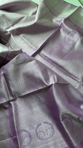 Pure Handloom Kanjivaram Pastel Lavender silk saree silver zari online stitched blouse brocade  blouse  one of a kind elegant easy drape  silk saree online shopping