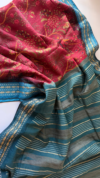 Handloom vidharbha tussar pichwai print tussar silk saree  online and prestitched blouse