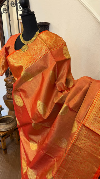 Bridal RED tissue kanchi pattu saree online usa with embroidered blouse kalyana pattu pellicheera rashmika saree