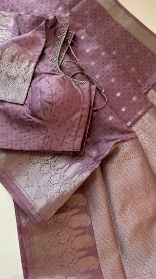 Mauve silver kanchi pure zari  kanchi pattu saree fine weave kanchi pattu bridal