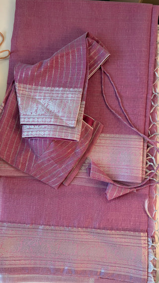 Pastel Tissue Kota Lenin saree with printed blouse online usa