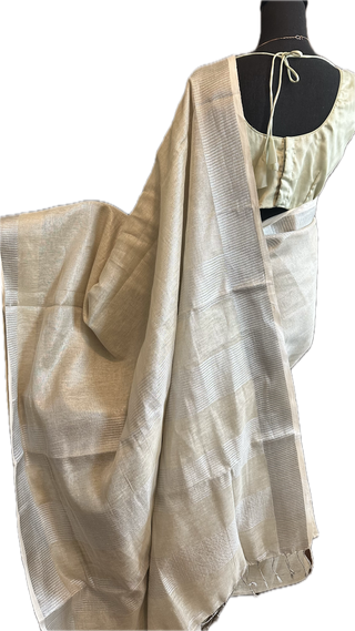White Linen saree silver zari  with stitched  blouse online usa sale latest linen lightweight partywear zari borders