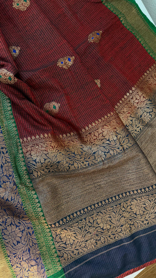 Pure Handloom Maroon Tussar Beneras Katan saree with prestitched blouse
