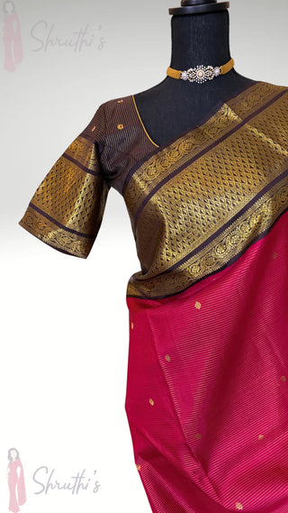 Bridal Vairaoosi butta  kanjivaram Pinkish Red to coffee brown silk saree with stitched Indian wedding muhurtam silk bridal blouse online shopping usa Diwali
