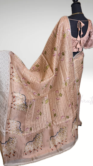 Mauve pichwai embroidered borders organza pure silk printed blouse easy drape online shopping usa