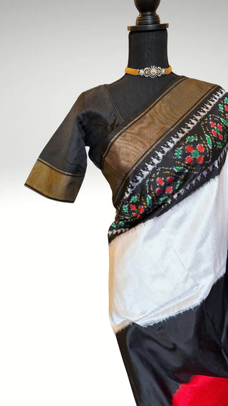 Handloom Pure  ikat silk saree with prestitched blouse border