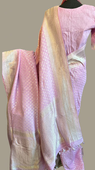 Pastel’s Pure beneras linen silver zari pastel pink saree embroidered linen saree online usa