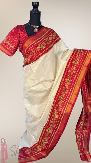 Patola Silk Saree White Red pure silk saree silk finish with stitched blouse Partywear pooja wear ready to ship Saree USA