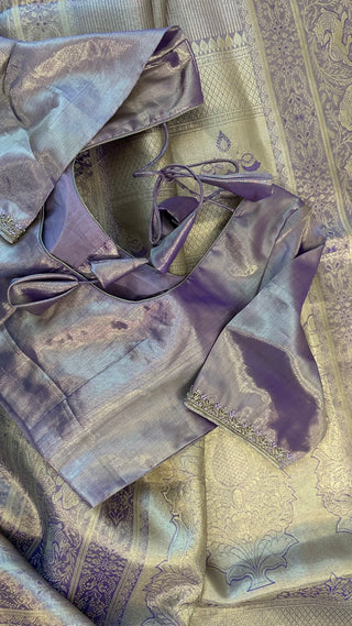 Pastel Lavender vaira oosi silver zari KANJIVARAM SAREE with Hand embroidered blouse