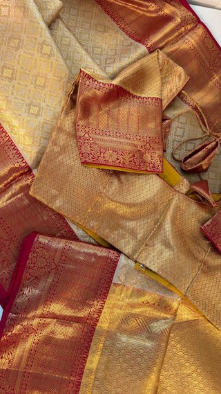 Gold Tissue Red Brocade Pure silk pattumuhurtam saree pure zari Kanjivaram silk saree with prestitched blouse embroidered blouse
