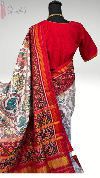 Pure Patan Patola Silk Saree White Red pure silk saree silk finish with stitched blouse Partywear pooja wear ready to ship Saree USA