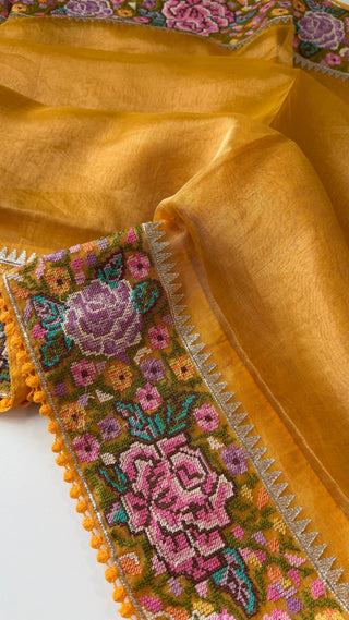 Pure Tissue Beneras yellow handwoven pure silk saree stitched blouse saree readymade online USA