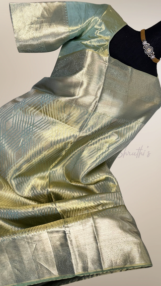 Tissue Kanjivaram’s silver zari Indian wedding silk saree pastel with stitched blouse ready to ship USA 