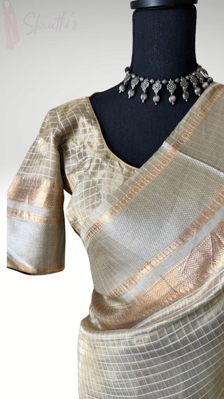 Pure Tissue Beneras Beige Gold checks handwoven pure silk saree stitched blouse saree readymade online USA