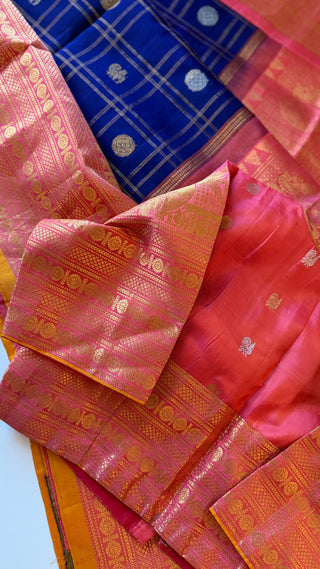 Pure Gadwal silk checks  saree pure zari  dark blue to pink gold zari silk saree