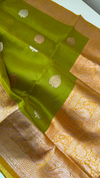Pure organza beneras silk saree parrot green gold borders with stitched blouse
