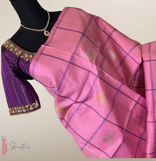 Lotus Pink Kanjivaram silk saree with stitched Hand Embroidered pure silver zari Gold zari Indian wedding muhurtam silk bridal blouse online shopping usa