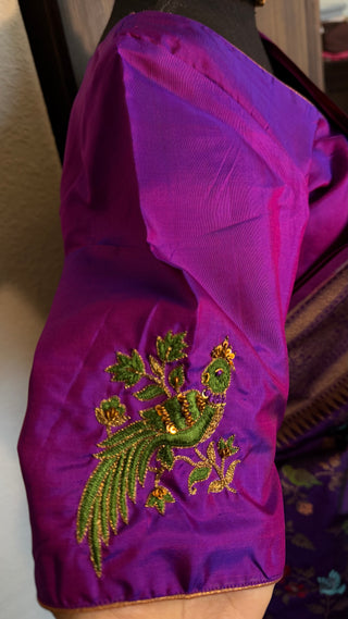 Purple Pure katan Benerasi silk saree with stitched  embroidered blouse online shopping usa