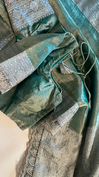 Green Pure Double Tissue katan silver Organza  silk saree with blouse online shopping usa